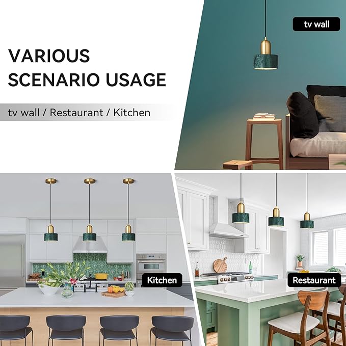 Natural Stone Pendant Lights Kitchen Island, Dark Green Brass Pendant Light Fixtures, Pendant lamp Marble Cylinder Shade Copper, for Bedroom Bathroom Dining Room Living Room(1-Pack)