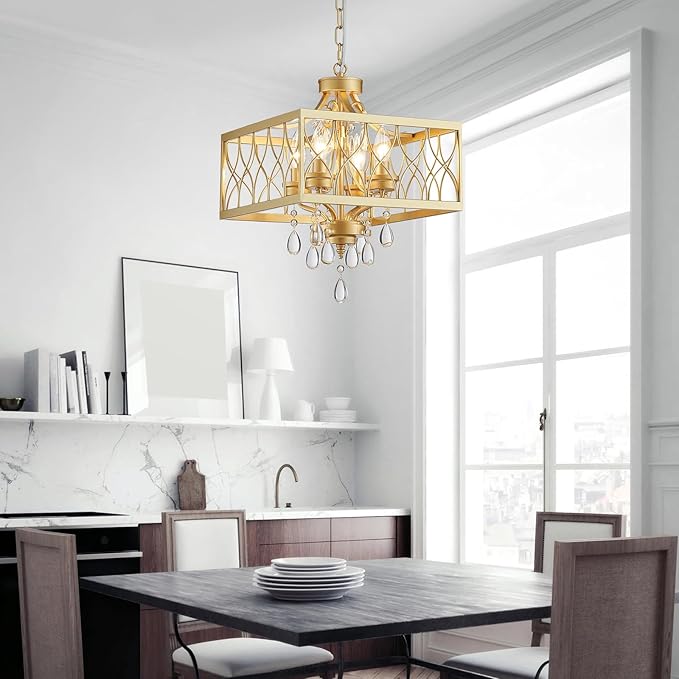 Farmhouse Crystal Chandelier Gold Modern K9 Crystal Ceiling Chandelier Lighting Fixture, Hanging Pendant Light Fixture, Kitchen Island Lighting for Dining Room Living Room Entryway Bedroom Hallway