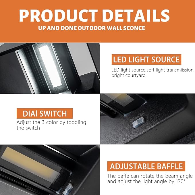 2 Pack LED Outdoor Wall Sconces Exterior/Interior,Modern Black Square Aluminum Wall Light Fixture Set,Variable Beam IP65 Waterproof Lights.15W 3-Color-Changeable Up and Down Outdoor Lighting Fixtures.
