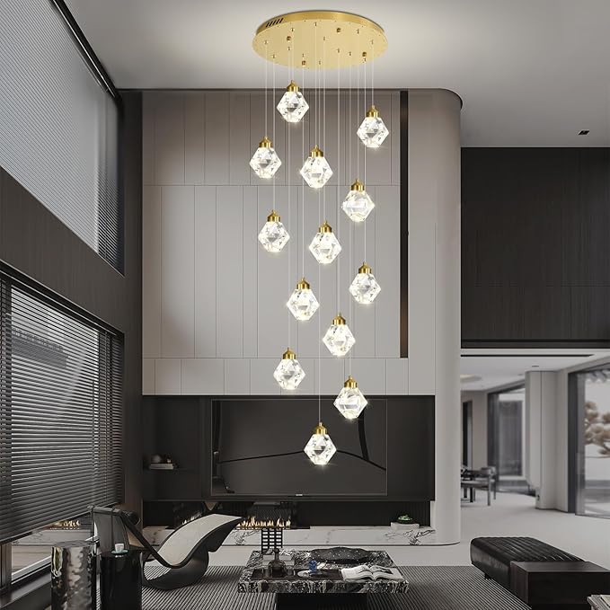 H138in Foyer Chandelier Staircase Chandeliers for High Ceiling Gold Pendant Light Fixture 14-Lights Crystal Chandelier Lighting Fixture for Living Room Staircase Villa