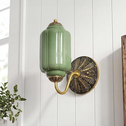 Vintage Milk Green Glass Wall Sconce - Milk Glass Shade Antique Brass Indoor Wall Light for Bedroom, Living Room, and Hallway