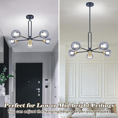 5-Light Globe Chandelier Pendant Lighting - Modern Large Semi-Flush Ceiling Light Fixture with Smoked Glass, Black Dining Room Light Fixture, Sputnik Light Fixture for Kitchen Living Room Bedroom