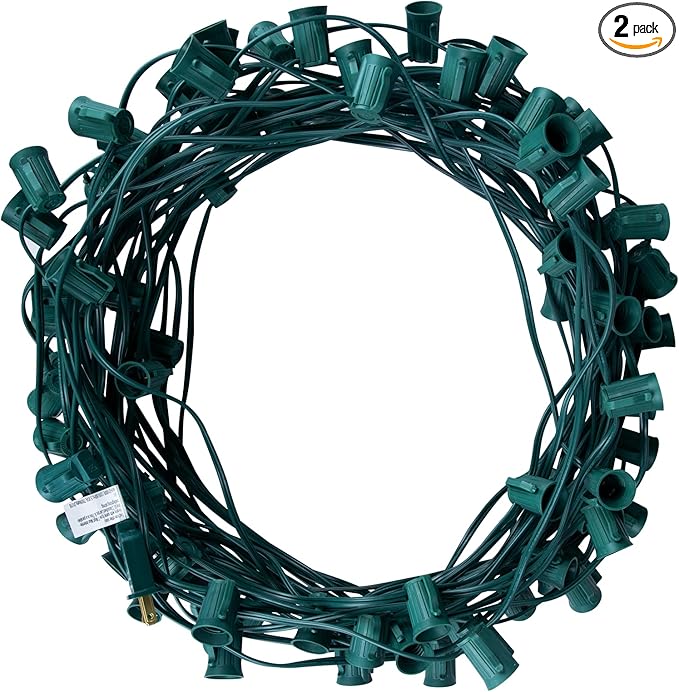 C9 Light Strand, 2 Pack 100 FT Outdoor String Lights Christmas Stringer with 100 Sockets for Christmas Decor Patio, E17 Light Socket, 12 Spacing, Green Wire