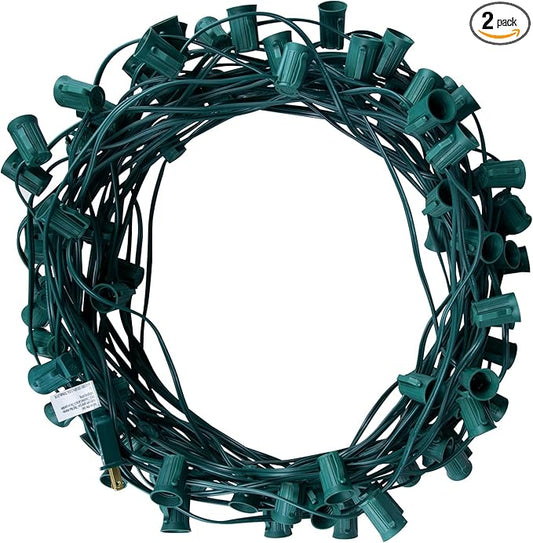 C9 Light Strand, 2 Pack 100 FT Outdoor String Lights Christmas Stringer with 100 Sockets for Christmas Decor Patio, E17 Light Socket, 12 Spacing, Green Wire