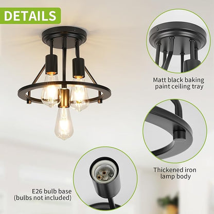 Semi Flush Mount Ceiling Light 3-Light Ceiling Light Fixtures - Black Hallway Light Fixtures Farmhouse Industrial Kitchen Light Fixtures E26 Socket Ceiling Lamp for Foyer