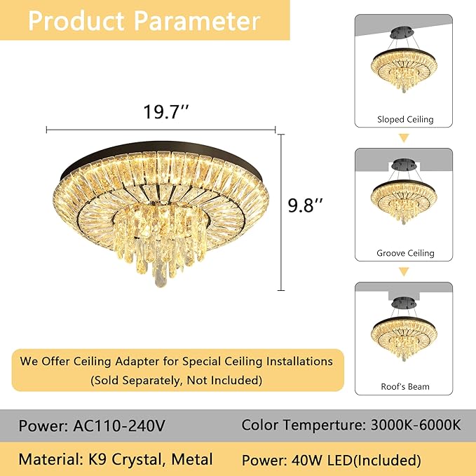 Crystal Chandelier 40W Modern Round Ceiling Light Fixture LED Raindrop Chandeliers Dimmable with Remote for Dining Room Living Room Entryway Hallway Bedroom Black