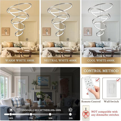 5 Rings Brushed Nickel Ring Chandeliers Moedrn LED Chandeliers Dimmable Foyer Chandelier for High Ceiling Dimmable Contemporary Nickel Chandelier for Living Room Staircase Entryway, 3000K-6500K
