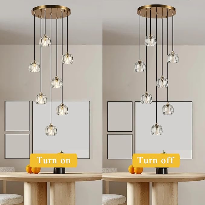 Farmhouse Crystal Pendant Lights, Brass Round Hanging Lamp, Modern Raindrop Chandeliers for Dining Room Living Room Bedroom Kitchen Island
