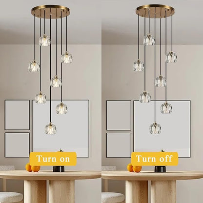 Farmhouse Crystal Pendant Lights, Brass Round Hanging Lamp, Modern Raindrop Chandeliers for Dining Room Living Room Bedroom Kitchen Island
