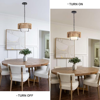 12.6" Rattan Pendant Light, Boho Chandelier Light Fixture with Fabric Shade, Farmhouse Rattan Hanging Ceiling Lighting Fixture for Dining Room, Living Room, Kitchen Island, Bedroom, Hallway, Foyer