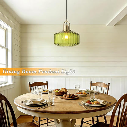 11.8in Mid Century Modern Green Glass Pendant Light Fixture, Large Gold Kitchen Island Pendants Light Glass Ceiling Hanging Lamp for Foyer Dining Room Bedroom Entryway Hallway Over Sink