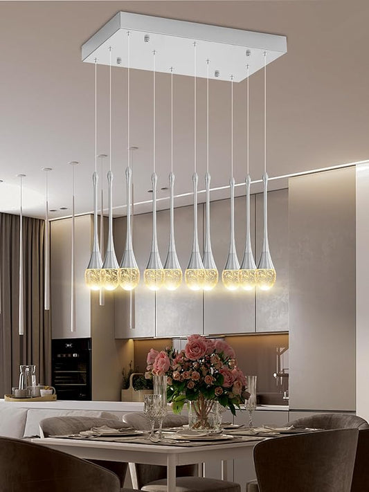ykolupty Rectangular Chandeliers for Living Room Silver Dining Room Lights Fixture Raindrop Pendant Lights Kitchen Island Crystal Chandelier for Staircase Hallway Foyer Entryway