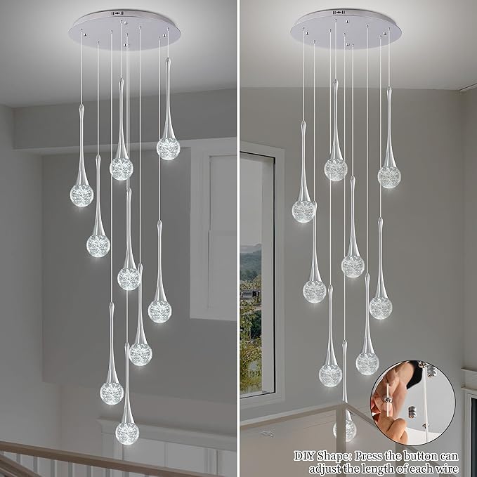 Modern Chrome Crystal Chandelier for High Ceiling 9-Lights, 99 Inches Luxury Spiral Dimmable LED Bubble Raindrop Pendant Lighting Fixture for Staircase Foyer Entryway Living Room