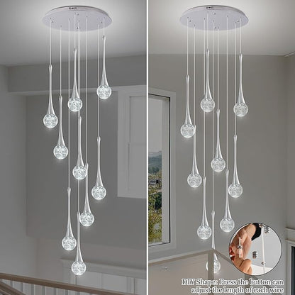 Modern Chrome Crystal Chandelier for High Ceiling 9-Lights, 99 Inches Luxury Spiral Dimmable LED Bubble Raindrop Pendant Lighting Fixture for Staircase Foyer Entryway Living Room