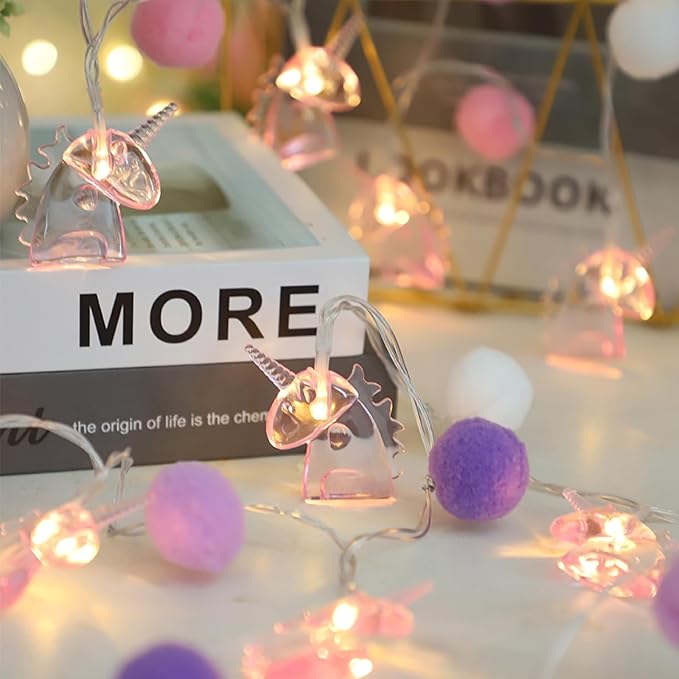 9.85FT Unicorn Decor String Lights with 20 Cute PomPoms 20 Pink Unicorn LED Lights Battery Operated with Timer Decor for Kids Bedroom Birthday Party Kids Playhouse Christmas Home Room Decorations