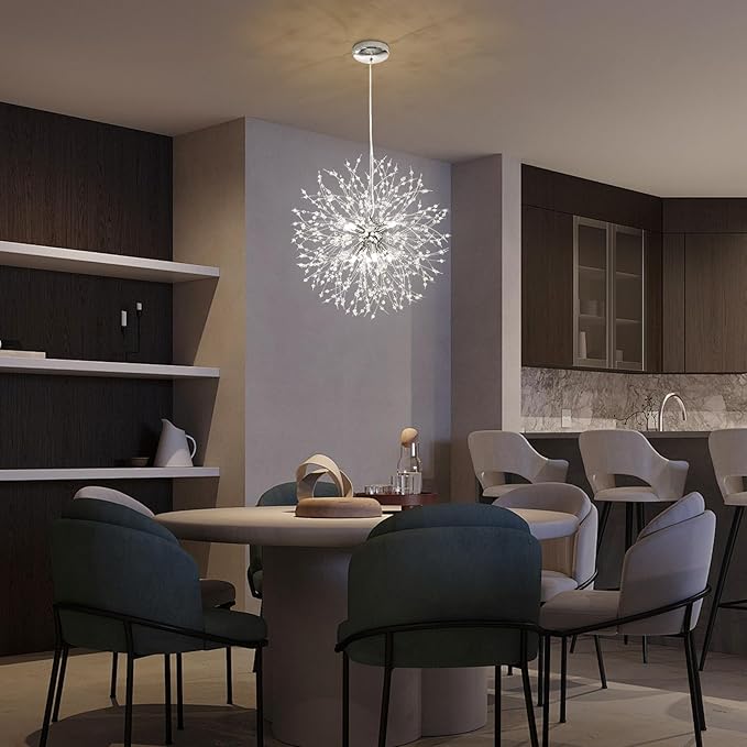 Qamra Modern Crystal Chandeliers, Chrome Firework Dandelion Sputnik Chandelier Light Fixture Pendant Lighting for Living Room, Dining Room, Bedroom, Kitchen(8-Light, Chrome)