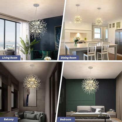 Modern Crystal Chandeliers Firework, 9-Light Chrome Dandelion Sputnik Ceiling Light Fixtures, Sputnik Chandelier Pendant Light for Bedroom Living Room Dining Room Kitchen Island Hallway