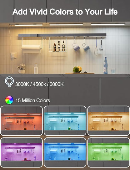 Diomart RGB Under Cabinet Lights with Remote, Dimmable Plug-in/Hardwired LED Light Bar for Kitchen Counter, 12 Inch, 3 Pack | Multi-Color Modes for Desk, Closet