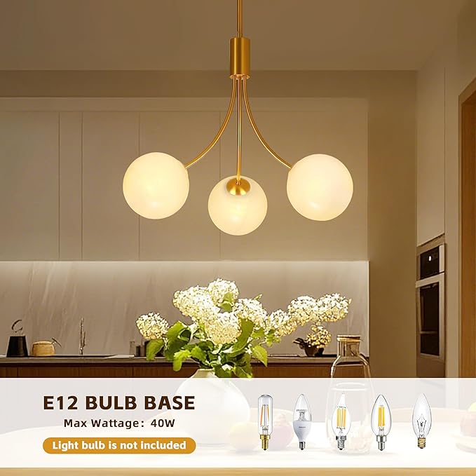 Bubble Chandelier, Modern Glass Gold Sputnik Chandelier 3-Light Ceiling Light Fixture Shades Stylish Bright Lighting for Dining Room Kitchen Bedroom Living Room Foyer Home Decor