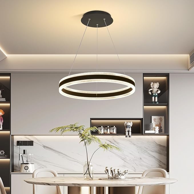 Modern LED Chandelier 1 Ring 19.7in Pendant Lighting for Kitchen Island 50W Dimmable LED Pendant Light Black Hanging Light Fixtures with Remote for Kitchen Dining Room Bedroom Living Room