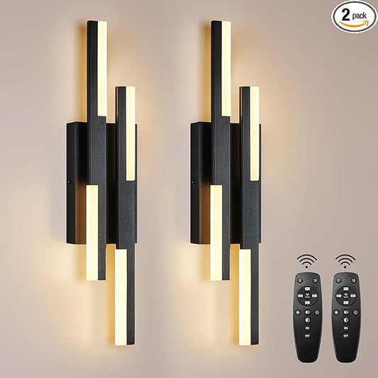 Benkut Modern LED Vanity Lights Set of 2, Black Wall Sconce with Remote Control Dimmable Indoor Wall Light Bedside Remote Sconce for Bedroom Bathroom Living Dining Room (2 Pack H19.7’’)