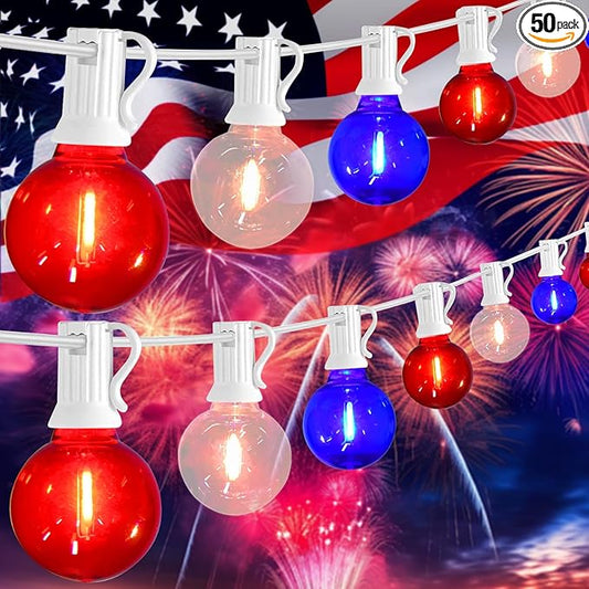 50FT G40 Red White and Blue Lights, 4th of July Decorations Lights Plug In with 50+3 LED Bulbs, Patriotic Decor Indoor Outdoor String Light for Party Patio Garden Bistro Independence Day Memorial Day