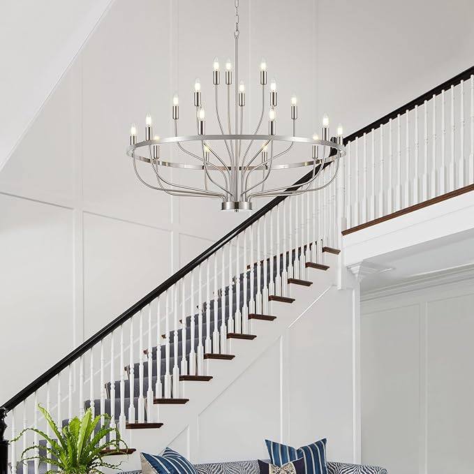 18-Light Brushed Nickel Chandelier, 39.4" Large Candle Chandeliers Modern Mid Century Classic Chandelier Light Fixture for Large Living Room Dining Room Stairs Entry Restaurant Hotel