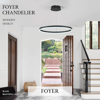 Modern LED Pendant Lighting 24'' Ring Chandelier Black Dimmable LED Chandelier for Dining Room 36W Adjustable Pendant Light Fixture for Living Room Bedroom Home Office Foyer, 3000-6500K