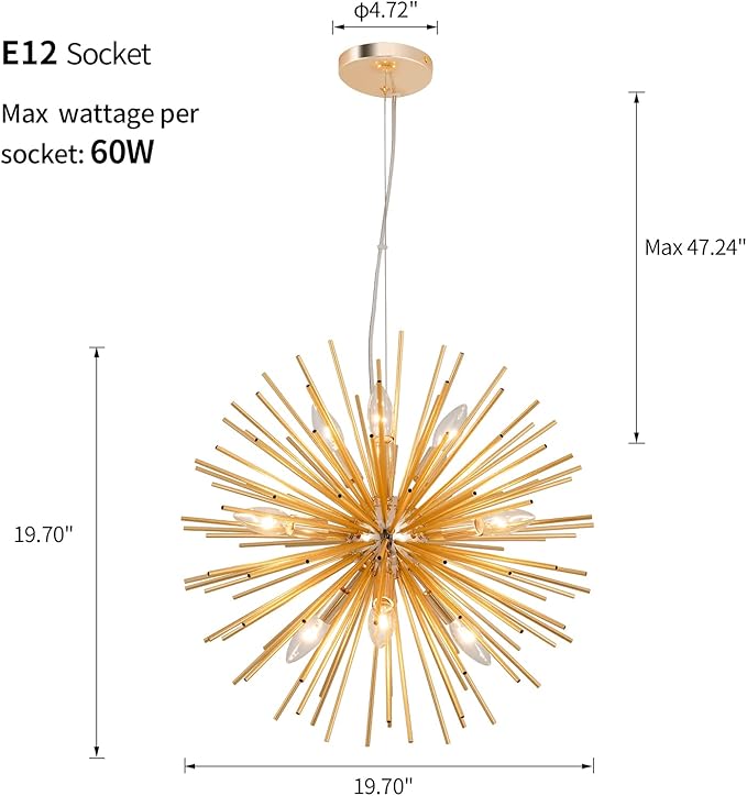 CM MZY Modern Gold Sputnik Chandeliers, 9-Light Satellite Pendant Light fixtures, Starburst Firework Ceiling Lights for Bedroom Living Room Dining Room Kitchen Island Hallway, E12 Socket(Dia:19.7'')