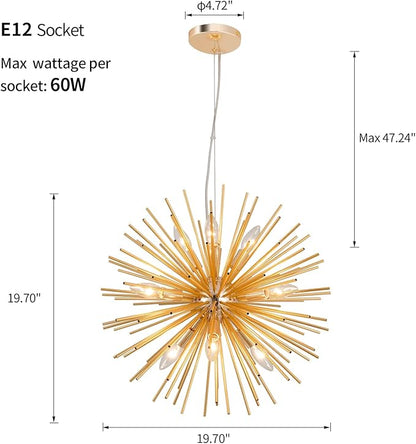 CM MZY Modern Gold Sputnik Chandeliers, 9-Light Satellite Pendant Light fixtures, Starburst Firework Ceiling Lights for Bedroom Living Room Dining Room Kitchen Island Hallway, E12 Socket(Dia:19.7'')
