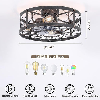 24" Farmhouse Flush Mount Caged Ceiling Fans with Lights, Rustic Low Profile Ceiling Fan with Light and Remote, Reversible DC Motor Bladeless Enclosed Ceiling Fan for Bedroom Laundry Room Kitchen