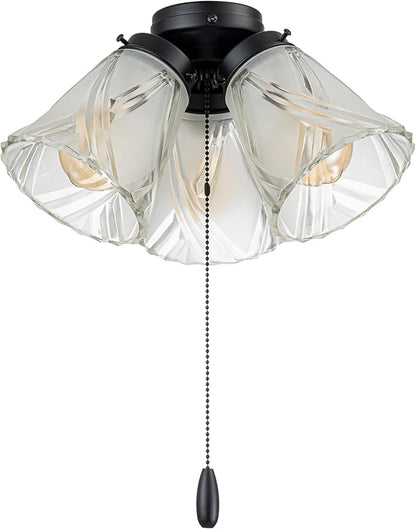 Aspen Creative 22012-3, Three-Light Ceiling Fan Light Kit with Pull Chain, Matte Black Finish with Frosted and Clear Glass Shades, 14" Diameter x 7-3/8" Height