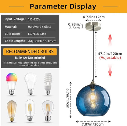 Modern 3-Pack Glass Globe Pendant Lights, Blue Modern Pendant Lighting for Kitchen Island, Clear Glass Hanging Lamps for Dining Room Living Room Bedroom, Medium 7.87 Inch Fixture (Bulbs Not Included)
