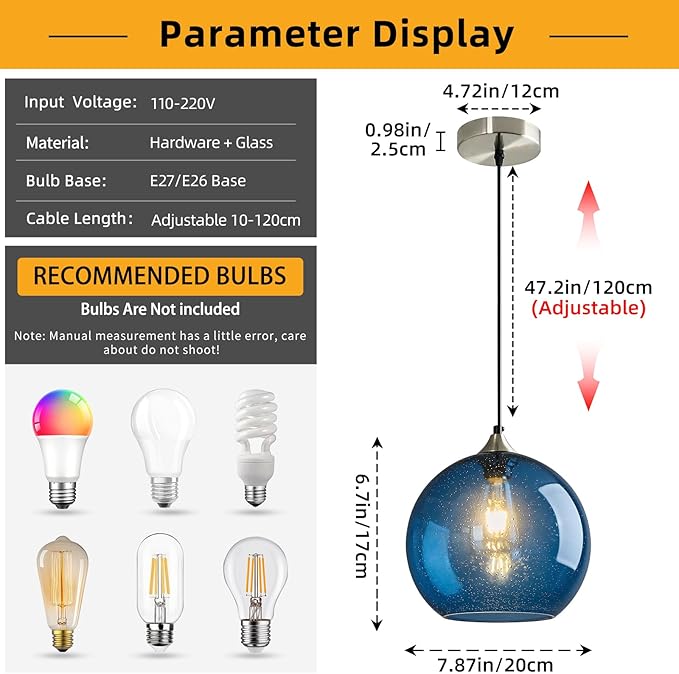 Mikeru Glass Globe Pendant Light Single, 7.87 Inch Blue Bubble Glass Hanging Lamp, Mid Century Modern Pendant Lighting for Kitchen Island Dining Room Bedroom (Bulb Not Included)