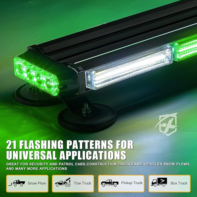 Xprite 26" COB LED Strobe Rooftop Flashing Light Bar, Double Side Hazard Warning Beacon Lights w/Magnetic Mount for Emergency Vehicles Construction Cars Trucks Traffic Security White Green