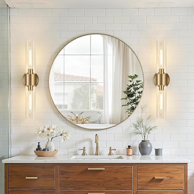 Wall Sconces Set of Two, Modern Bathroom Sconces Wall Lighting with & Clear Glass Glass, Brass Sconces Wall Decor Set of 2 for Bathroom Mirror Bedroom Living Room Hallway