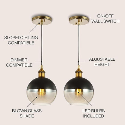 JONATHAN Y 7.5" Brass Gold/Black 1-Light Mid-Century Modern Globe Pendant Light, Adjustable LED Hanging Ceiling Fixture, Champagne Smoked Glass Shade for Kitchen Island (JYL3513A-SET2)