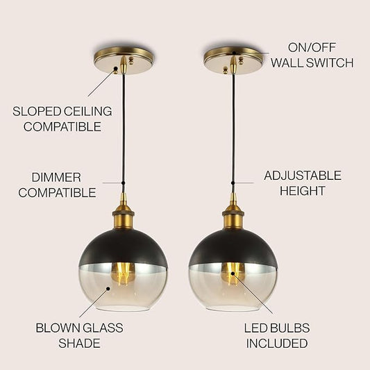 JONATHAN Y 7.5" Brass Gold/Black 1-Light Mid-Century Modern Globe Pendant Light, Adjustable LED Hanging Ceiling Fixture, Champagne Smoked Glass Shade for Kitchen Island (JYL3513A-SET2)
