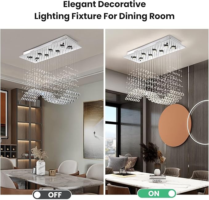 Siljoy 8-Light Modern Wave Raindrop Crystal Chandelier, Luxury Chrome Rectangular Flush Mount Crystal Pendant Ceiling Light for Dining Living Room Kitchen Island L31.5'' x W12'' x H28''