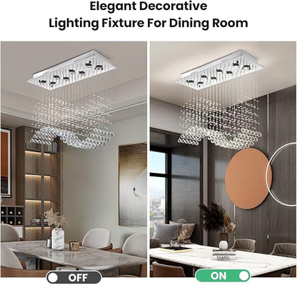 Siljoy 8-Light Modern Wave Raindrop Crystal Chandelier, Luxury Chrome Rectangular Flush Mount Crystal Pendant Ceiling Light for Dining Living Room Kitchen Island L31.5'' x W12'' x H28''