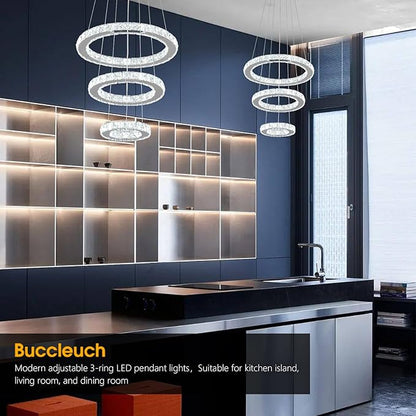 Buccleuch 3-Ring Crystal Chandelier, ETL-Listed Dimmable LED Pendant Light, Slope Ceiling Compatible Stainless Steel K9 Crystal Ceiling Light for Dining Room Bedroom Living Room, 6500K