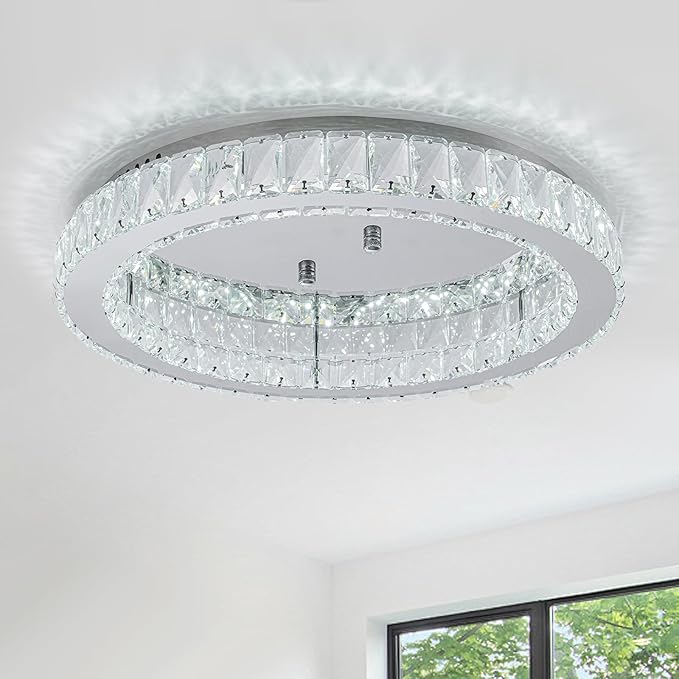 HOPGGIE 18" Crystal Chandelier LED Modern Chandelier Light Round Ring Flush Mount Ceiling Light Fixtures for Living Room Bedroom Dining Room (Cool White)