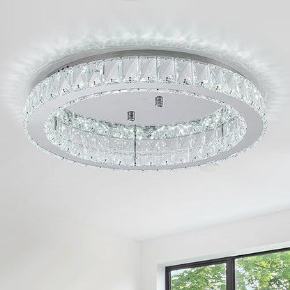 HOPGGIE 18" Crystal Chandelier LED Modern Chandelier Light Round Ring Flush Mount Ceiling Light Fixtures for Living Room Bedroom Dining Room (Cool White)