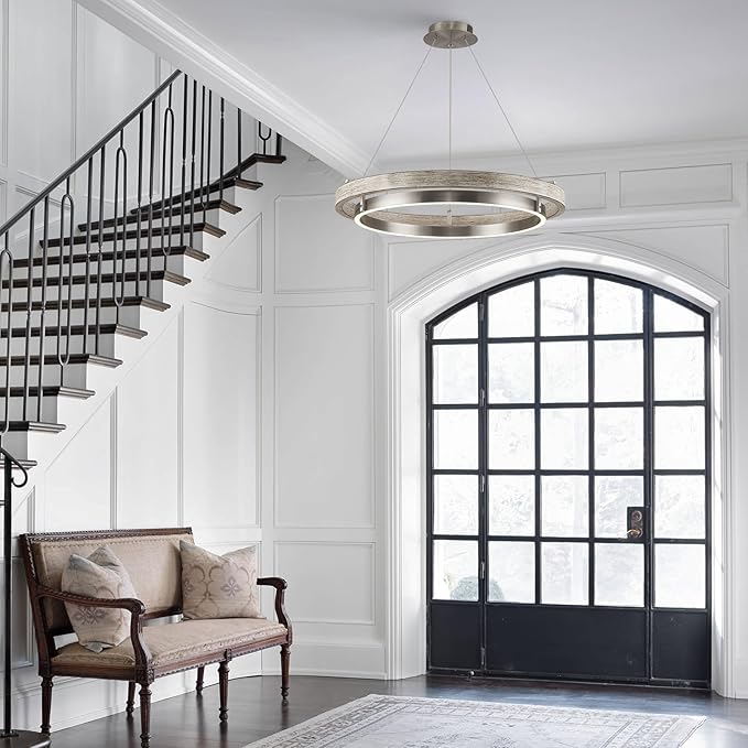 LED 2 Ring Chandelier Dimmable Up Down Light Nickel Chandelier Round Foyer Chandeliers Light Weathered Wood Circular Chandeliers for Dining Room Entry Bedroom Office Living Room
