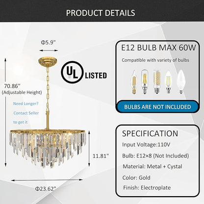 Gold Crystal Chandelier for Dining Room, 24" Modern Round Top K9 Crystal Chandeliers 5-Tier 8 Lights Adjustable Ceiling Hanging Pendant Light Fixture for Living Room Bedroom Foyer