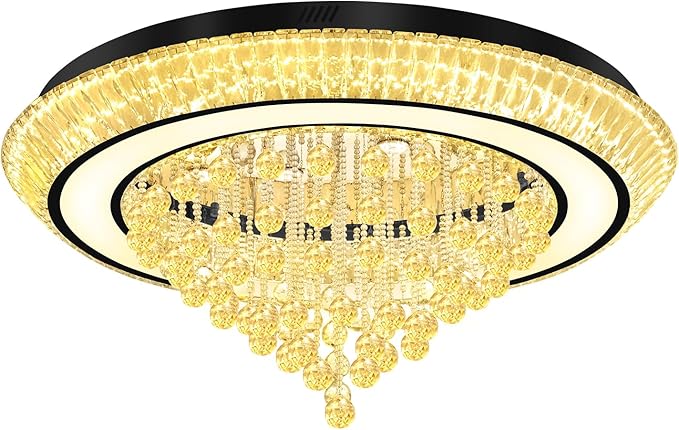 40in Black Flush Mount Chandelier Ceiling Light, Raindrop Chandeliers for Dining Room, Glam Crystal Chandeliers, Modern Led Luxury Chandelier for Living Room, Bedroom