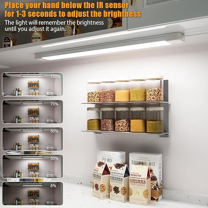 2Pcs 24 Inch Under Cabinet Lights with Hand Wave, Under Counter Lighting 5000K Cold White,Dimmable,Plug and Play,LED Lights for Kitchen Cabinet, Cupboard, Closet, Desk