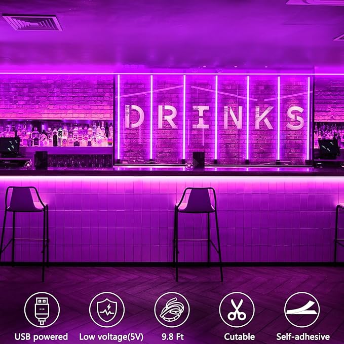 echosari Strip Lights USB 5V, 9.8Ft 180 LED Strip Lights Cuttable 2835 SMD Super Bright with Self-Adhesive DIY for Cabinet Photo Frames Desks Monitor Shelves Decor (Pink)