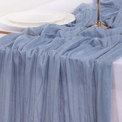 Socomi 10pcs Dusty Blue Summer Cheesecloth Table Runner Boho Rustic Gauze 120 inch 10FT Cheese Cloth Sheer Runner for Wedding Party Baby Shower Birthday Home Decor Holiday Decorations