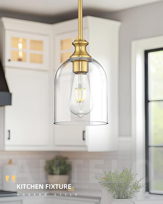 Autelo Gold Pendant Lights, 1-Light Pendant Lights Kitchen Island in Brushed Gold Finish with Clear Cylinder Glass, Vintage Pendant Light Fixtures, Vintage Hanging Lights for Kitchen Island H2511 CLBG